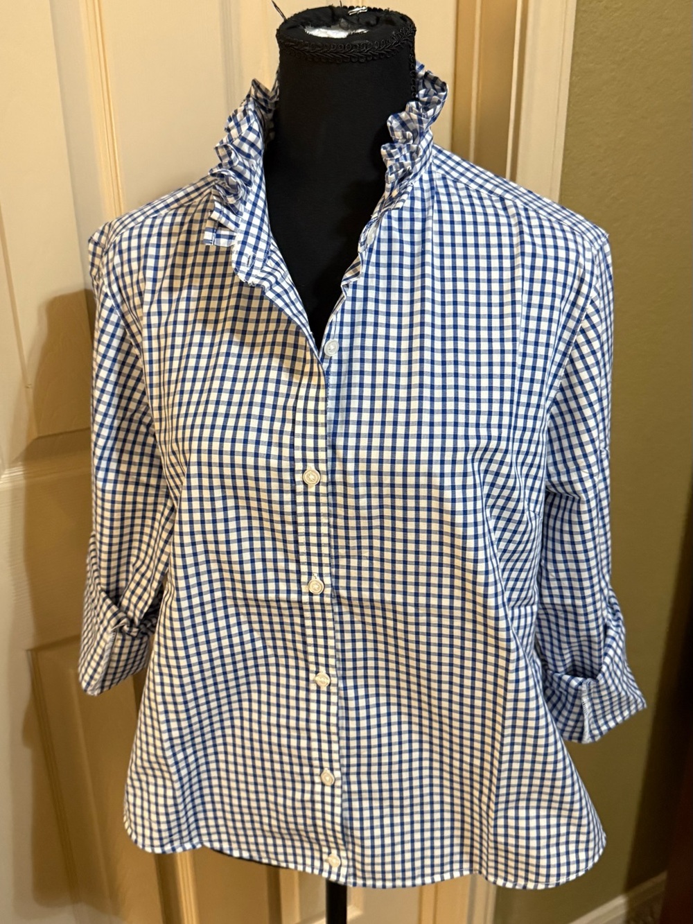 Women's Upcycled Blue Check Ruffle Collar Button-Up Top